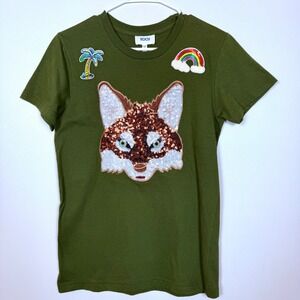 Koch Women Medium Olive Green Sequin Fox Tee Embellished Graphic Cotton Made USA